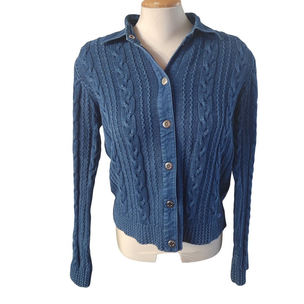 MODEA marine Blue Cable Knit‎ Denim Collared Button Up Shirt Jacket M/M